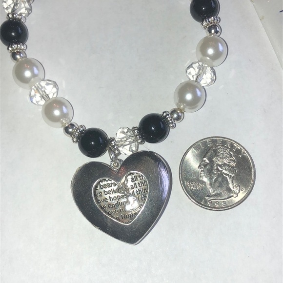 Silver Heart Pendant Bracelet with Black and White Beads - Picture 2 of 5